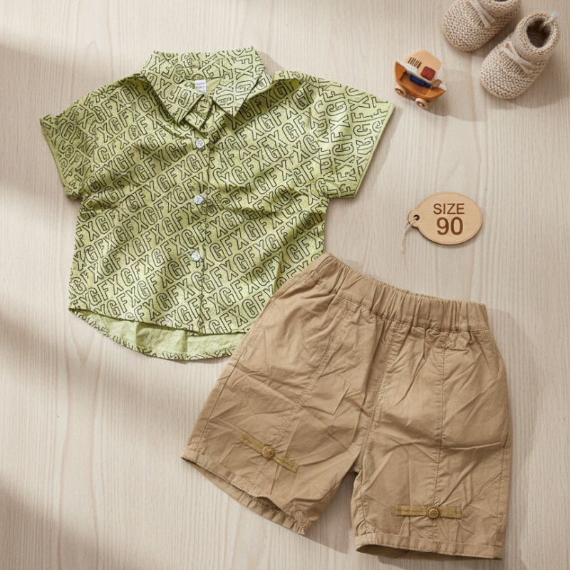 printed short sleeve and khaki style short