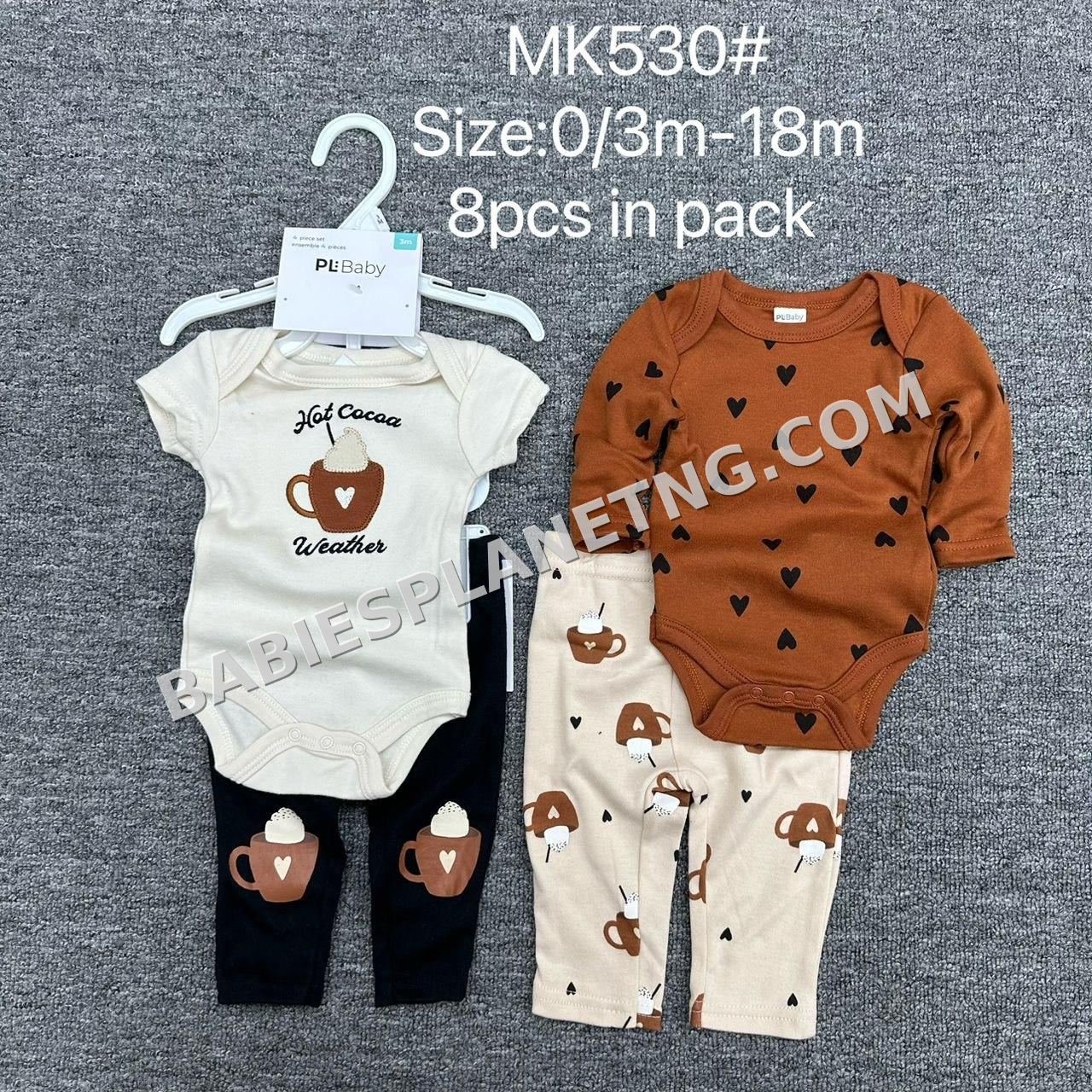 8-piece baby clothing set featuring a "Hot Cocoa Weather"