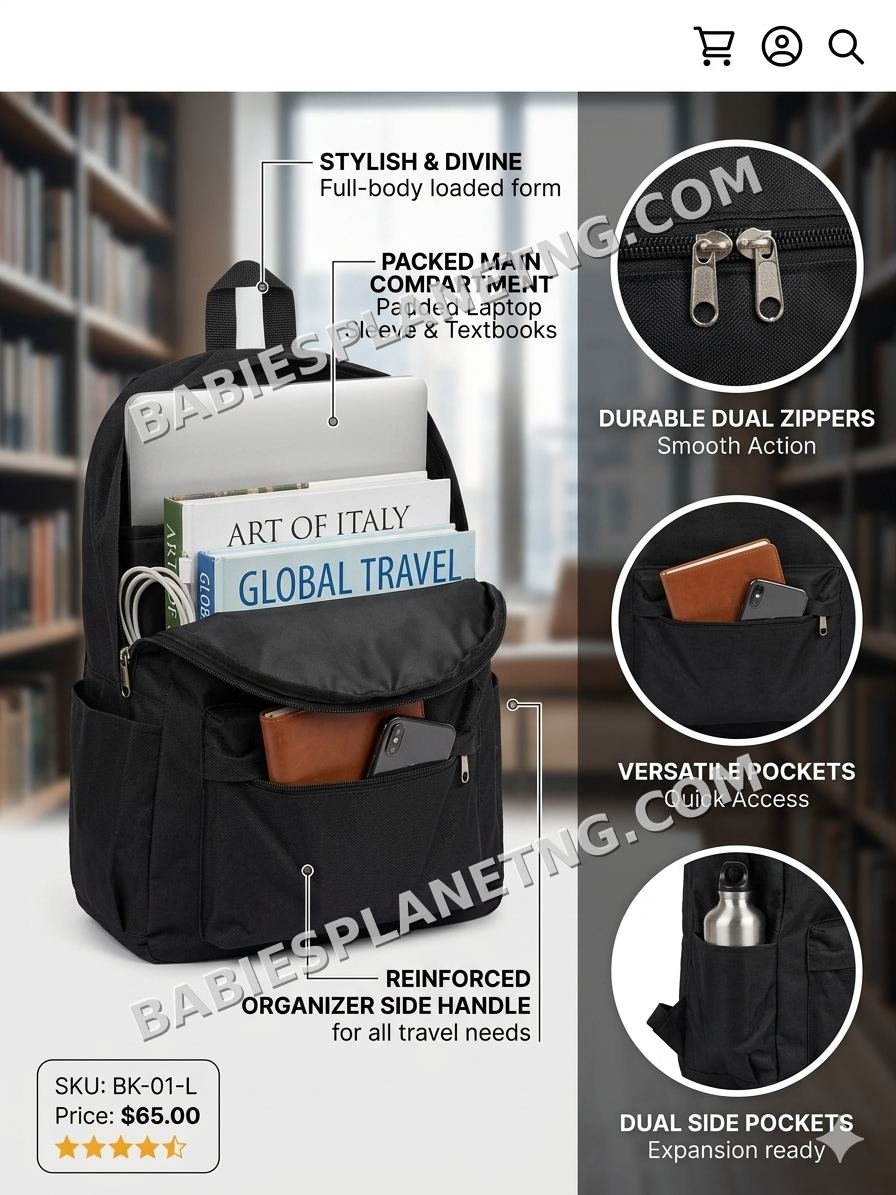 Durable Black Backpack with Side Pockets