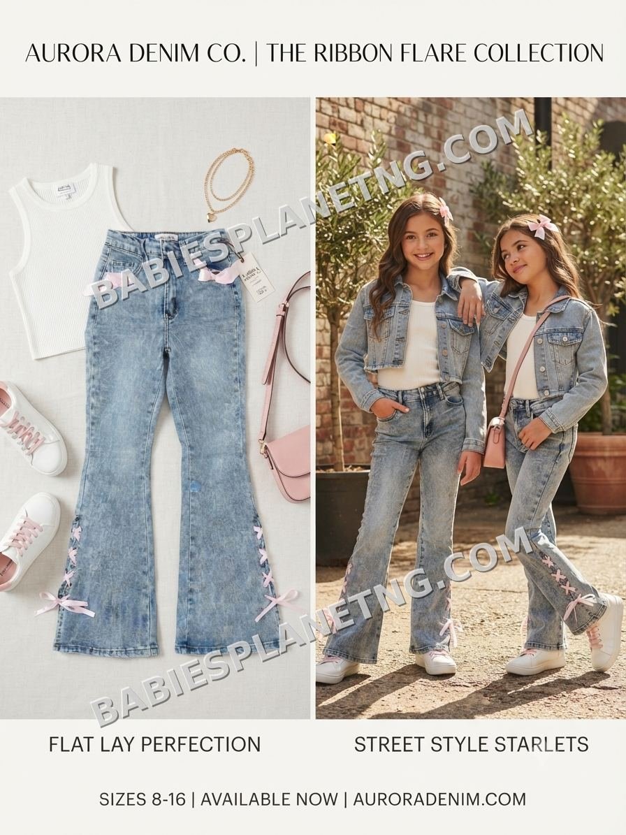 Girls' Denim Flare Jeans with Ribbon Details