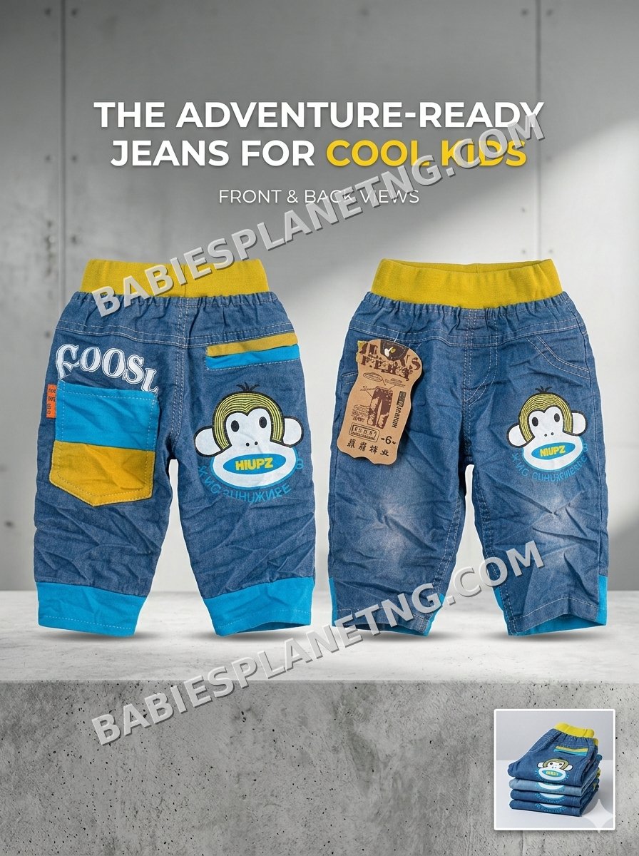 blue denim with monkey graphics