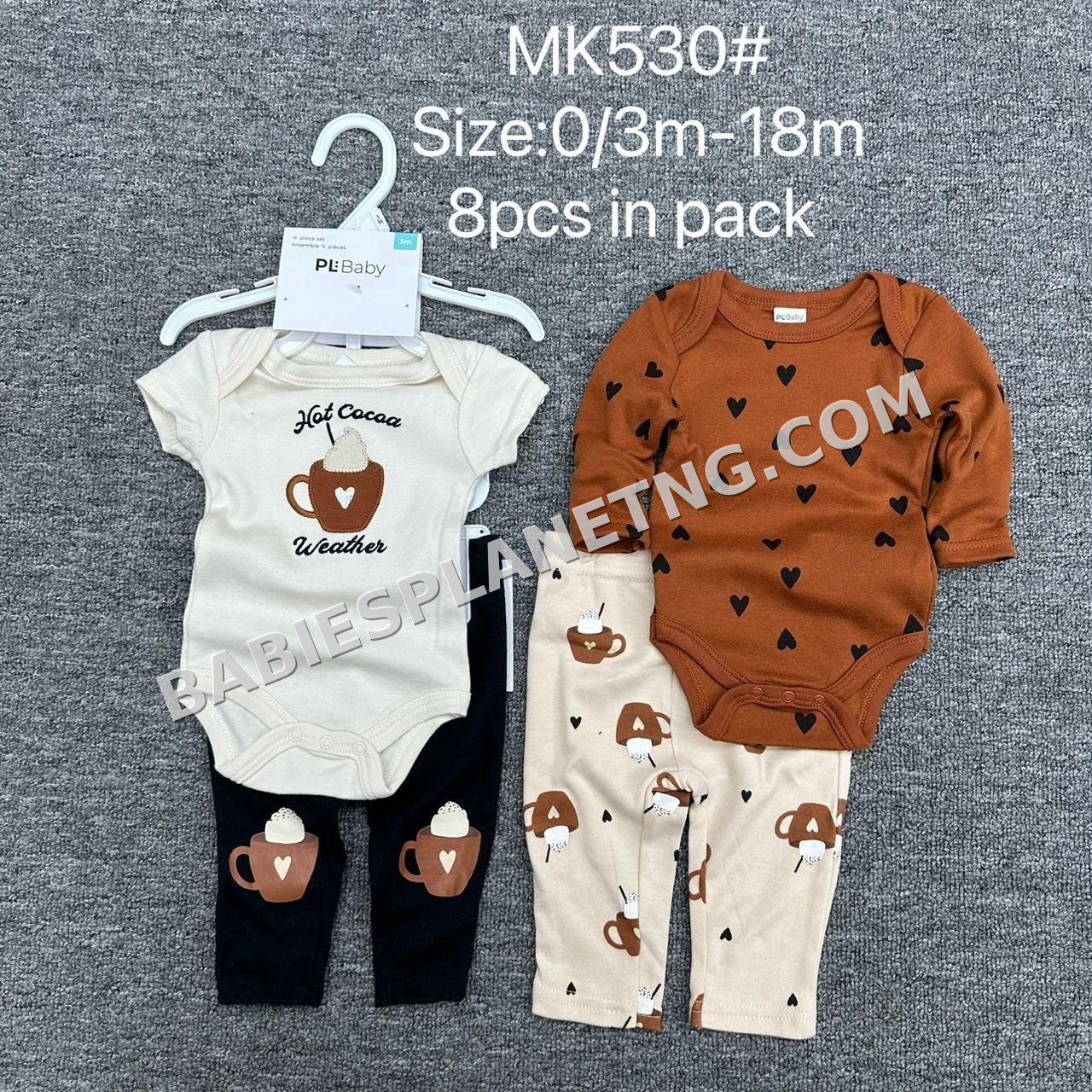 8-piece baby clothing set featuring a "Hot Cocoa Weather"