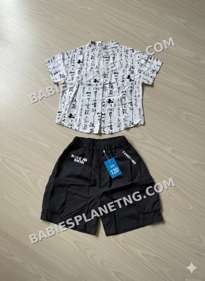 chinese character  print shirt and black short