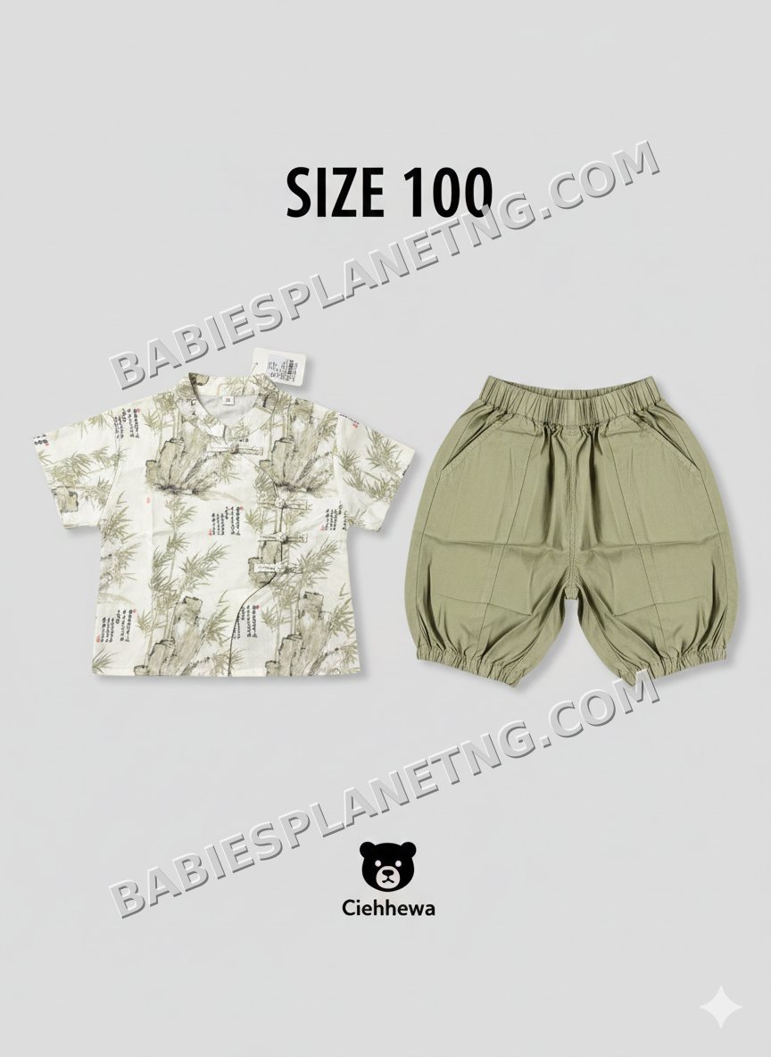 patterned short sleeved top and barrel style shorts